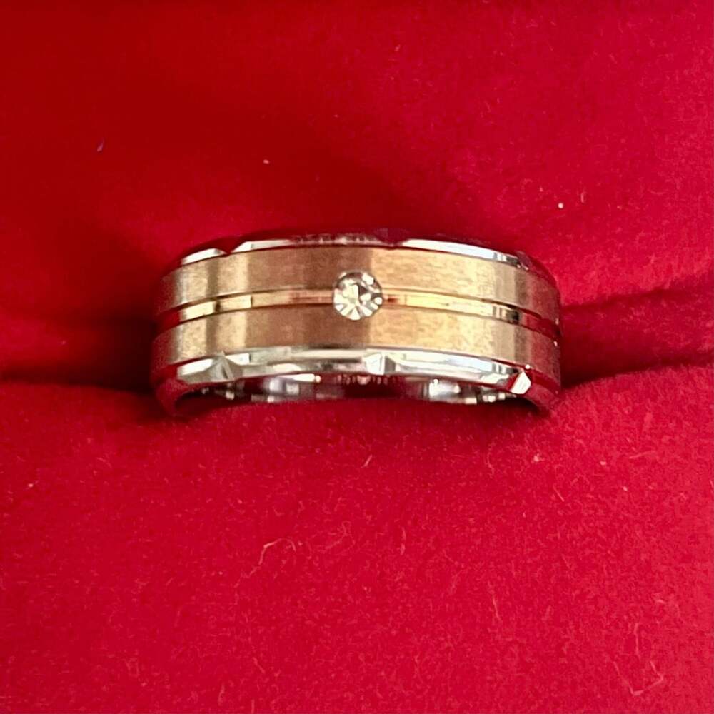 Two-Tone Tungsten Carbide 8mm Band with Diamond and Gold Stripe Size 9